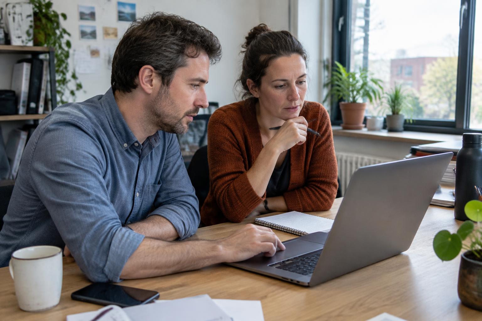 Twee mensen bespreken een laptop en aantekeningen aan hun werktafel