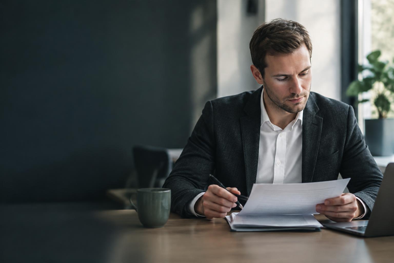 Een man in de dertig beoordeelt een gedrukt document aan zijn werktafel, in natuurlijk daglicht