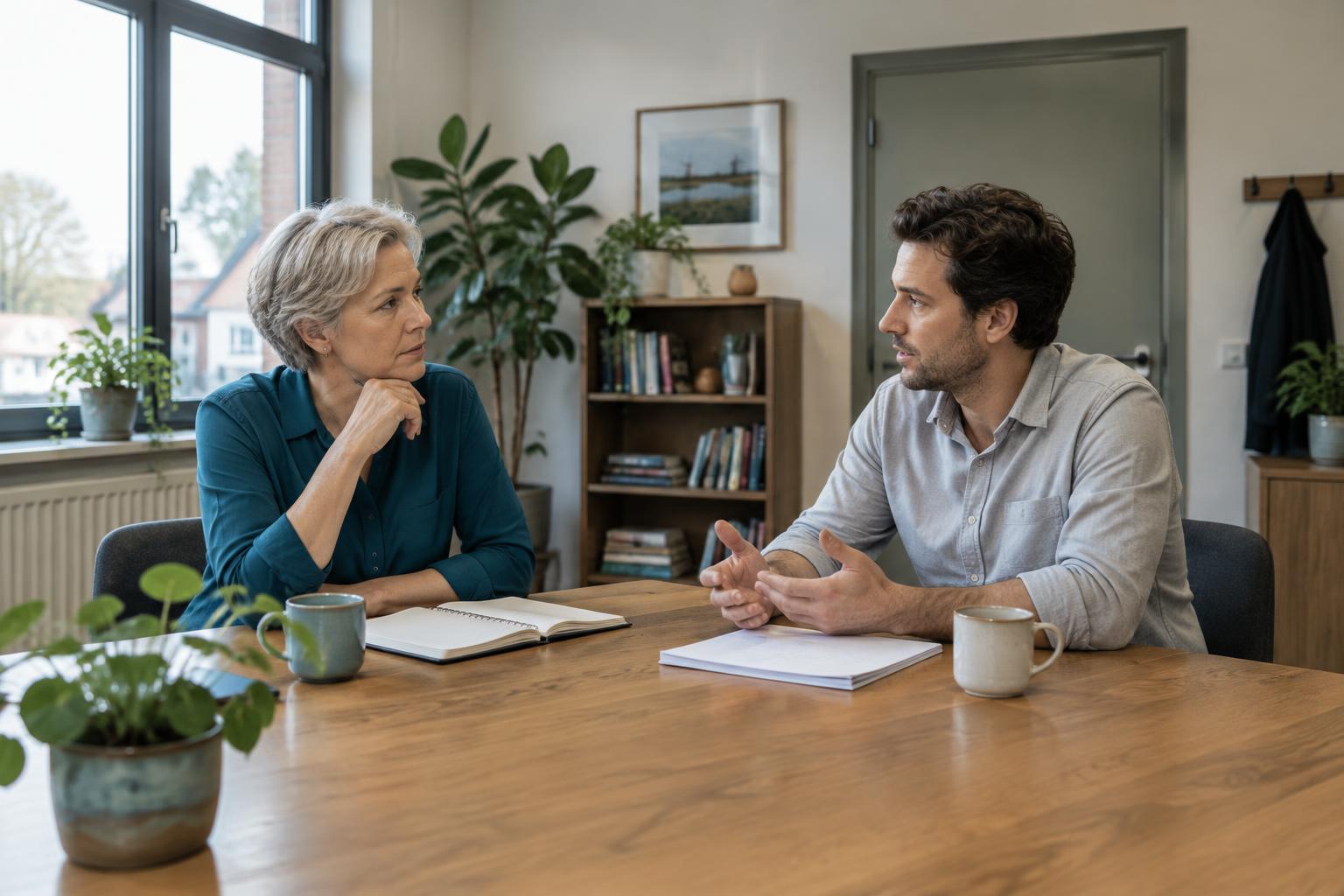 Een vrouw en een man bespreken zorgvuldig hun aanpak aan een tafel met notitieboeken