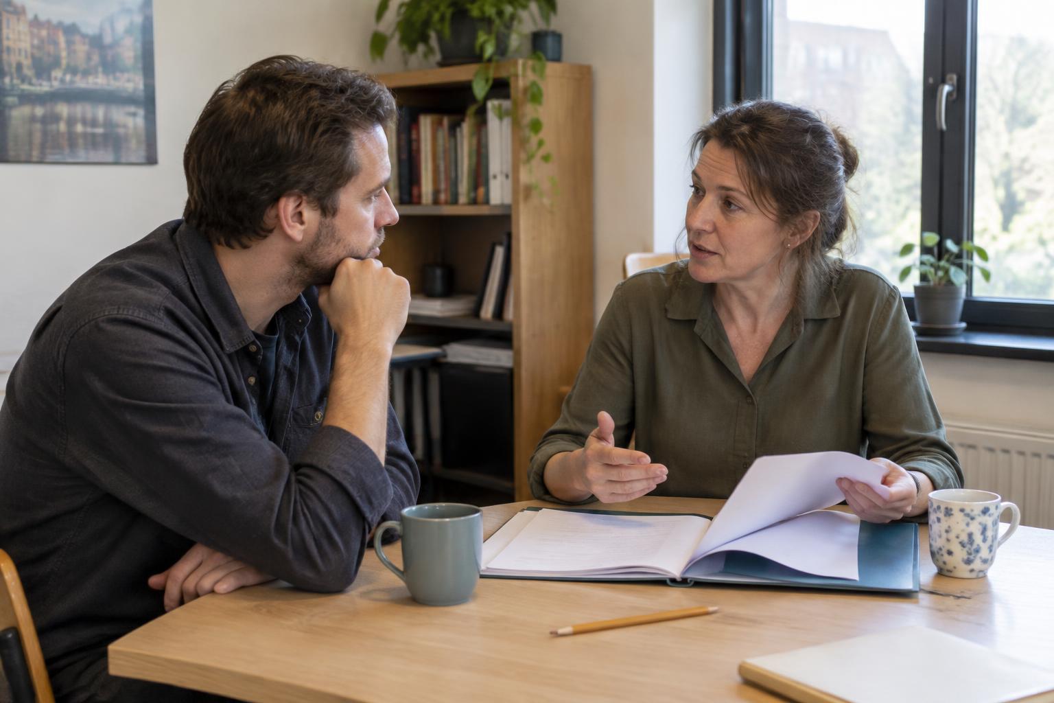 Een persoonlijk gesprek aan tafel, met een dossier en ruimte om te luisteren