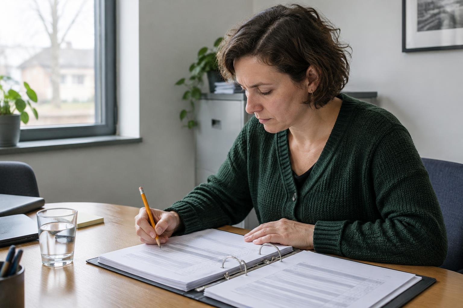 Een vrouw controleert een dossier en maakt aantekeningen